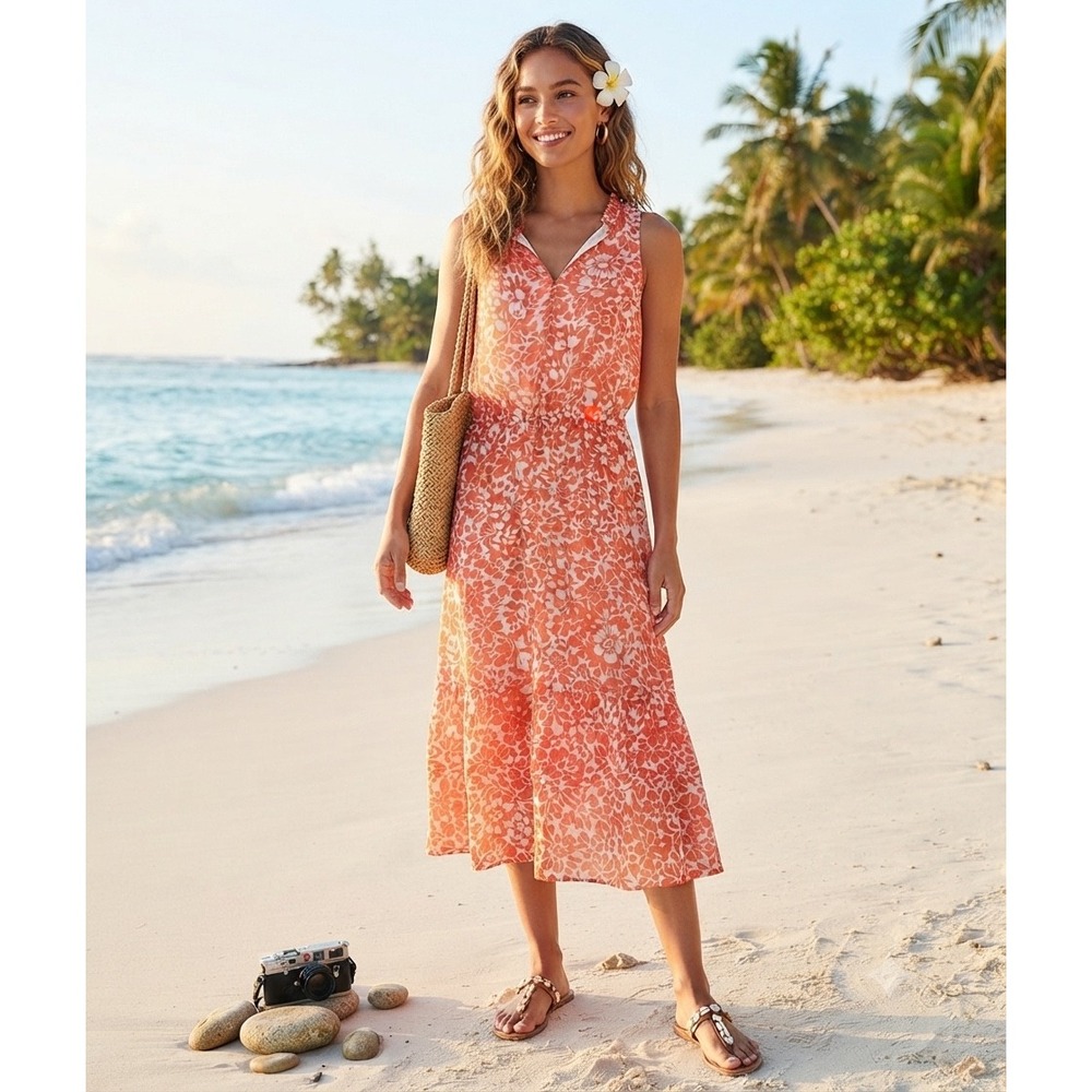 Ann Taylor tropical Orange Floral Sleeveless Tiered Midi Dress 8 NEW $119